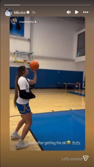 Rice captured in UCLA's training facility two weeks after her shoulder surgery | @kiki.rice/ig