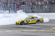 NASCAR driver Ryan Blaney (12) burns out on the track after his victory at the 2023 YellaWood 500 at Talladega Superspeedway NASCAR Cup Series race - Source: Imagn