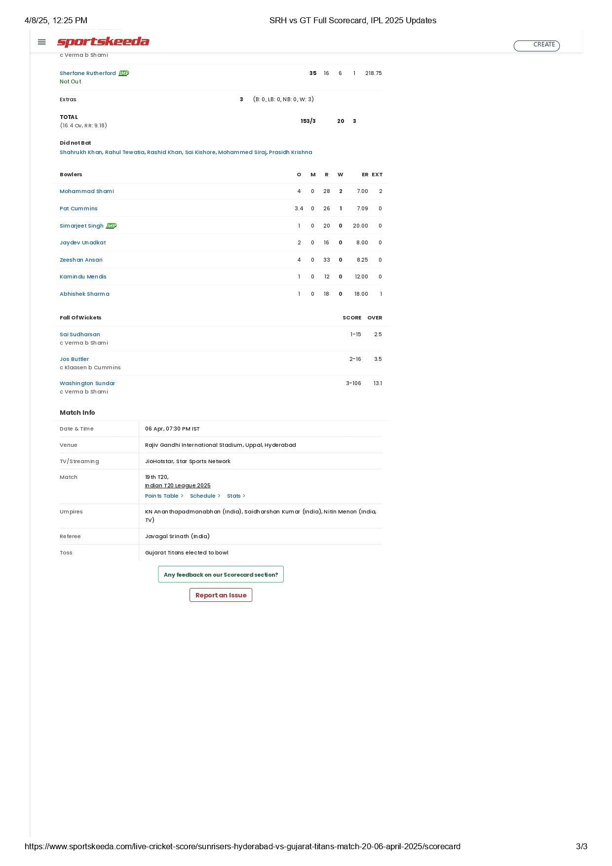 GT vs SRH 2025 scorecard.
