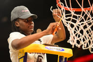 MiLaysia Fulwiley (#12) cuts the net after South Carolina defeated Iowa in the finals of the womens 2024 NCAA Tournament at Rocket Mortgage FieldHouse. Photo: Imagn