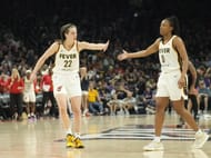 Indiana Fever guard Caitlin Clark with guard Kelsey Mitchell against the Phoenix Mercury at Footprint Center. Photo Credit: Imagn