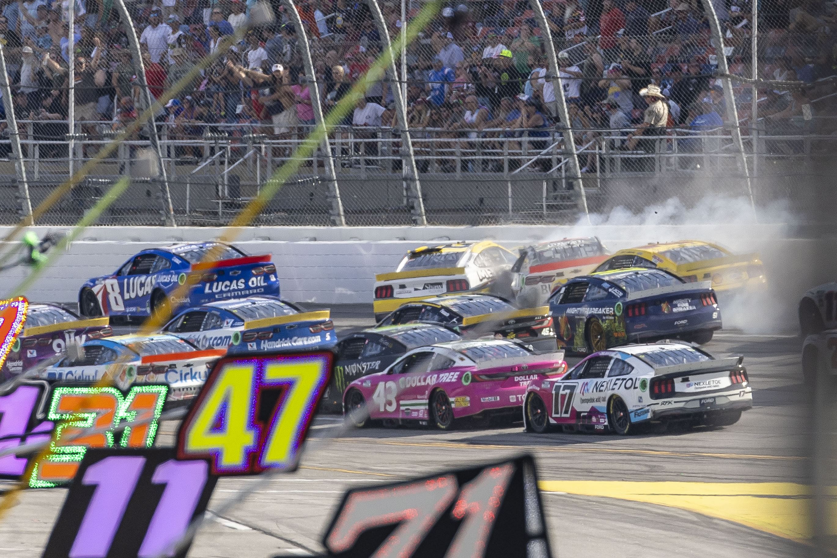 Ryan Blaney (12) collides with Ross Chastain (1) creating a wreck in the final laps during the second stage of the YellaWood 500 at Talladega Superspeedway, October 6th 2024 - Source: Imagn