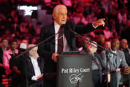 Miami Heat president Pat Riley addresses the crowd during the Pat Riley Court dedication ceremony at Kaseya Center. Photo Credit: Image
