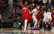 Houston Rockets guard Jalen Green reacts after a basket against the LA Clippers at Intuit Dome. Photo Credit: Imagn