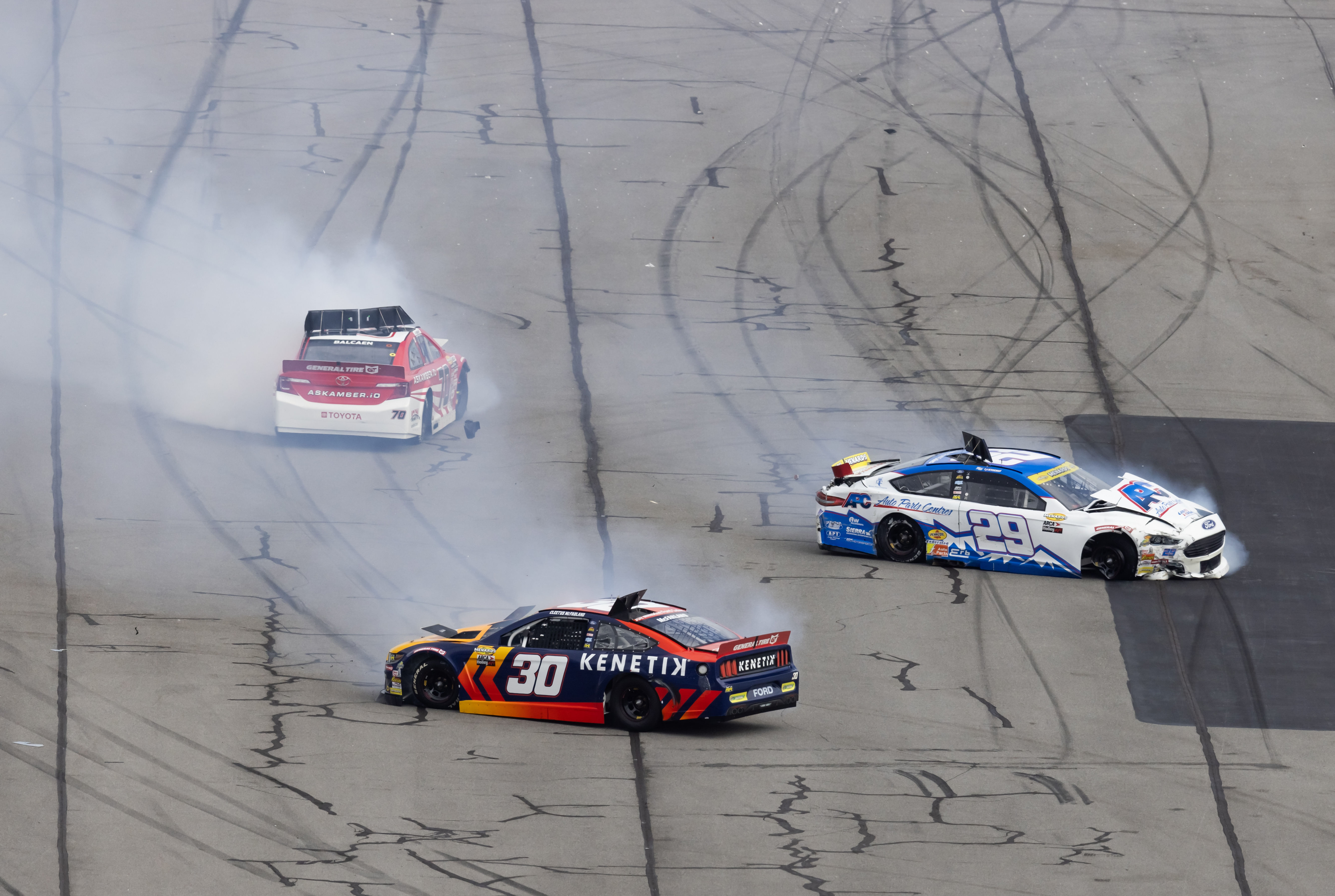 ARCA Series drivers Cleetus McFarland (30), Kyle Steckly (29) and Amber Balcaen (70) wreck during Ride the &lsquo;Dente 200 at Daytona Source: Imagn