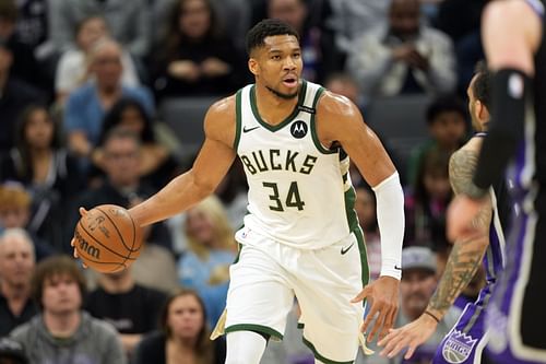 Milwaukee Bucks forward Giannis Antetokounmpo dribbles against the Sacramento Kings during a NBA game at Golden 1 Center. Photo Credit: Imagn