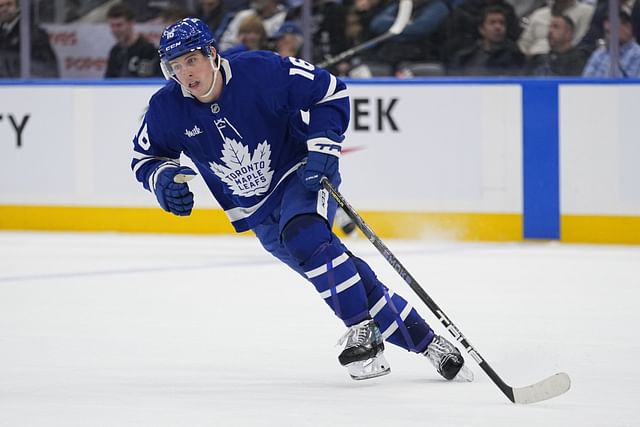 Apr 2, 2025; Toronto, Ontario, CAN; Toronto Maple Leafs forward Mitch Marner (16) skates against the Florida Panthers during the third period at Scotiabank Arena. Mandatory Credit: John E. Sokolowski-Imagn Images - Source: Imagn
