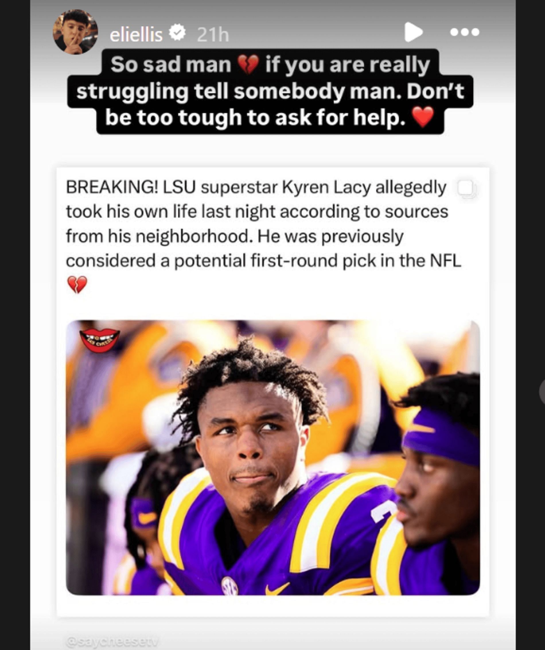 Four-star Eli Ellis reacts to the death of LSU wide receiver Kyren Lacy (source: IG/ eliellis)