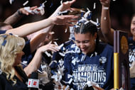 UConn Huskies guard Azzi Fudd (#35) celebrates with her teammates after winning the 2025 NCAA Tournament against the South Carolina Gamecocks at Amalie Arena. Photo: Imagn