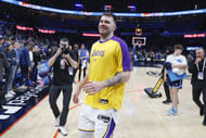 LA Lakers guard Luka Doncic runs off the court after his team beat the OKC Thunder at Paycom Center. Photo Credit: Imagn
