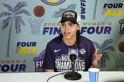 UConn star Azzi Fudd all smiles as she poses in beige power suit styled by Brittany Hampton