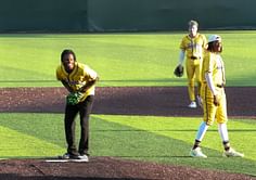 Travis Hunter hits iconic backflip celly with Coach Prime themed music at Banana baseball showdown