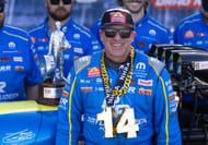 Tony Stewart celebrates after winning the Four Wide Nationals at The Strip at Las Vegas Motor Speedway on Apr 13, 2025- Source: Imagn