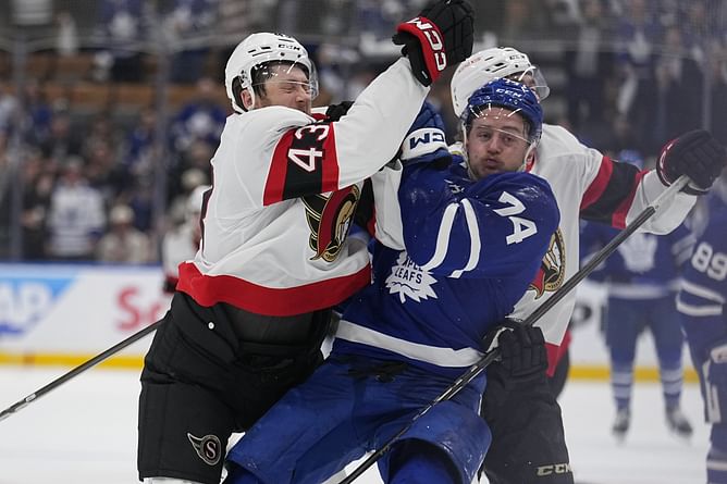 Max Domi chucks knuckles, all 10 Maple Leafs, Senators players on ice handed penalties as Game 1 ends in chaotic brawl