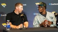Jacksonville Jaguars Head Coach Liam Coen, left, talks with the team’s first-round pick, Colorado Buffaloes wide receiver and defensive back Travis Hunter, right, Friday, March 25, 2025 at Miller Electric Center in Jacksonville, Fla. during a press conference. Source: Imagn