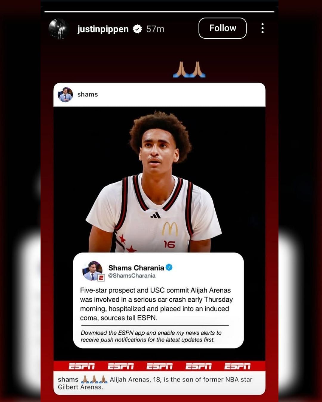Justin Pippen pray for Gilbert Arenas&#039; son, Alijah Arenas, after the shocking accident. (Image via Instagram @justinpippen)