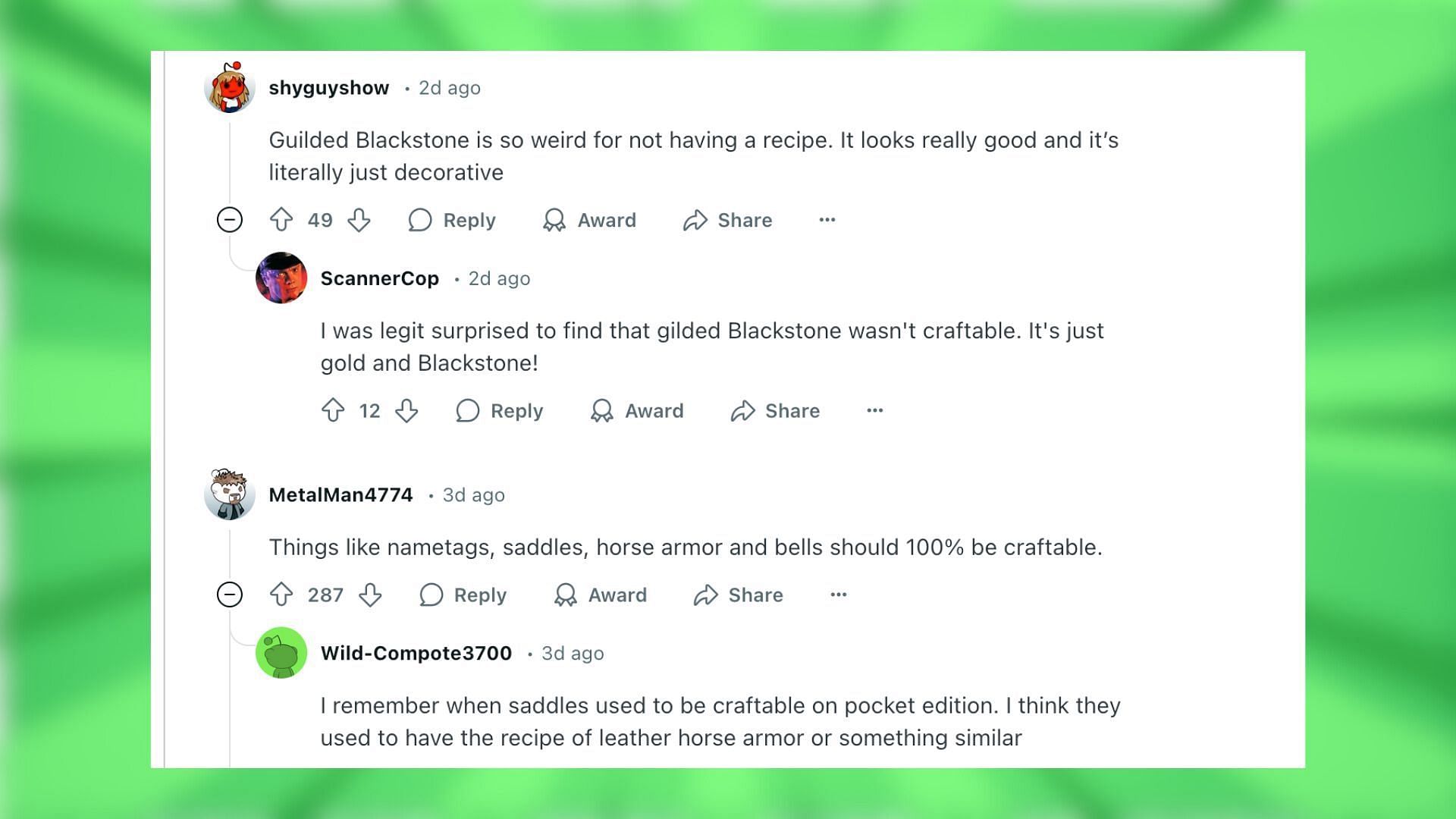 Redditors react to the idea of crafting recipes for non-craftable items in Minecraft (Image via Reddit)