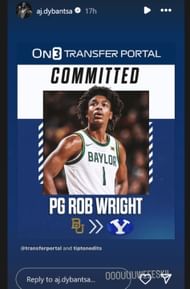 AJ Dybantsa reacts to point guard Rob Wright's transfer to BYU (Source: Instagram/@aj.dybantsa)