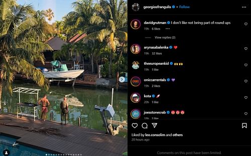 Aryna Sabalenka comments on her boyfriend's post; Instagram - @georgiosfrangulis