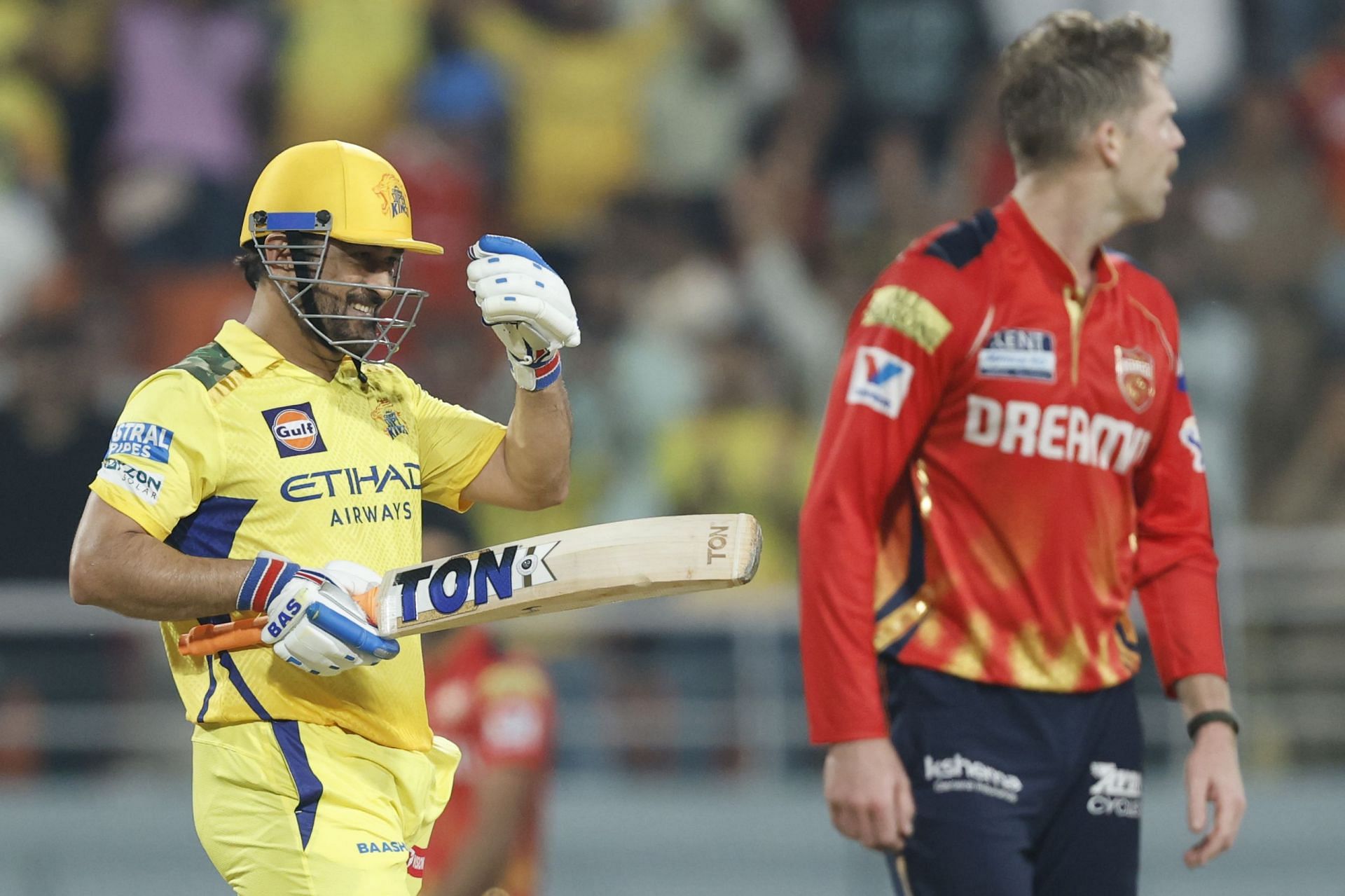 MS Dhoni after hitting a six during CSK vs PBKS IPL 2025 match. (Image: IPL/X)