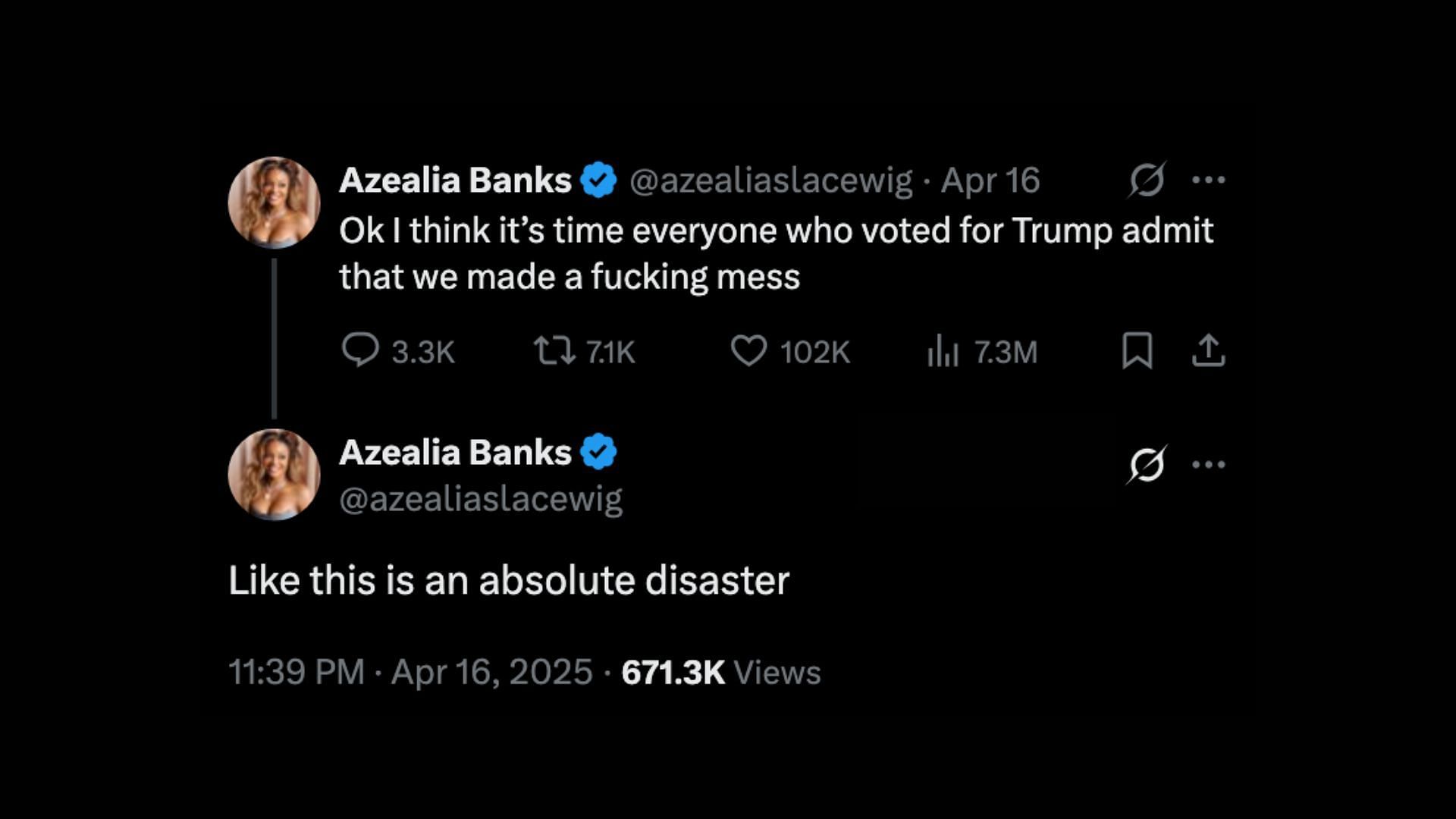 Azealia Banks&#039; post on X (Image via @azealiaslacewig/X)
