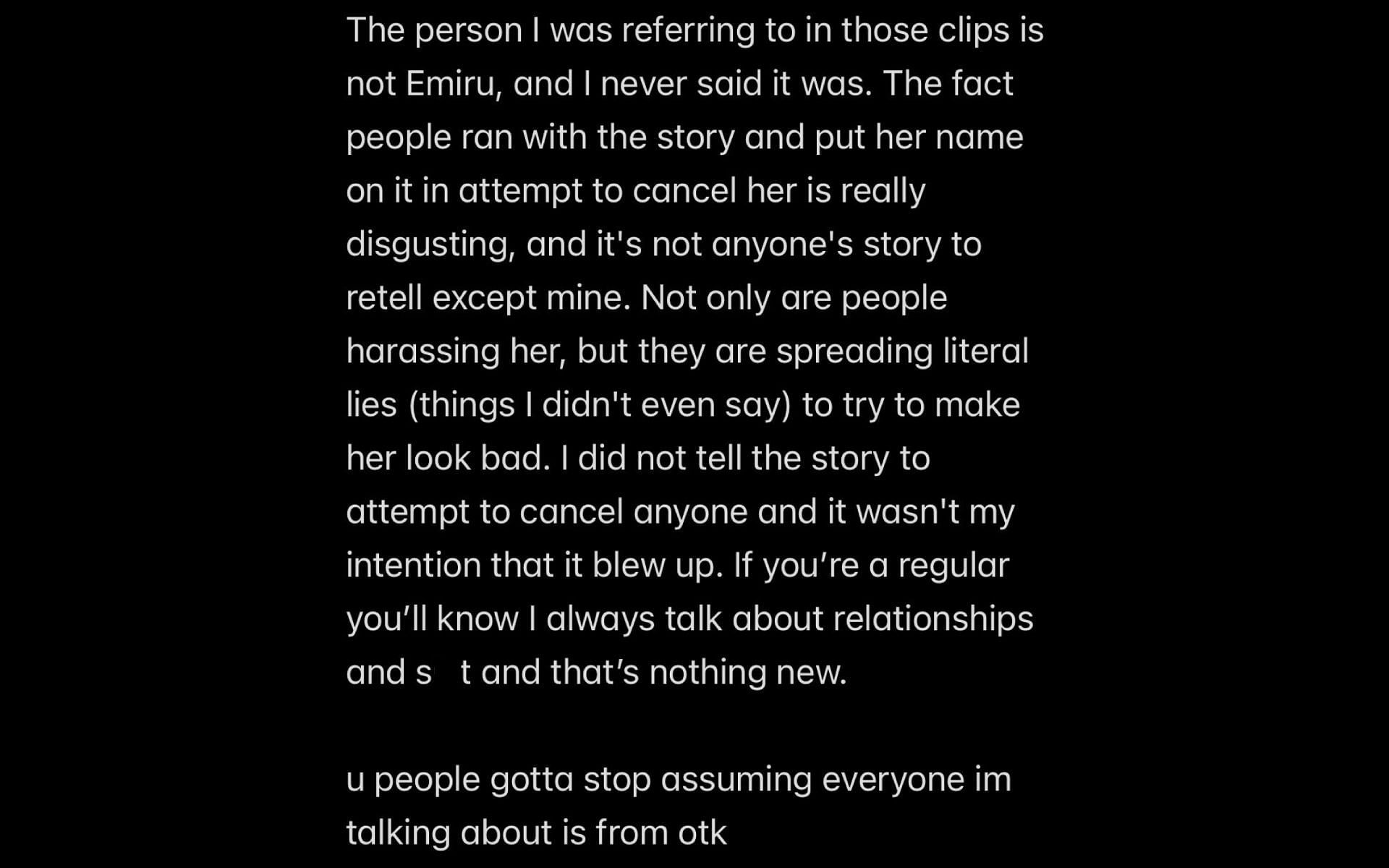 Streamer Bonbibonkers&#039; X post, where she clarified she wasn&#039;t talking about Emiru (Image via x.com/bonbishka)