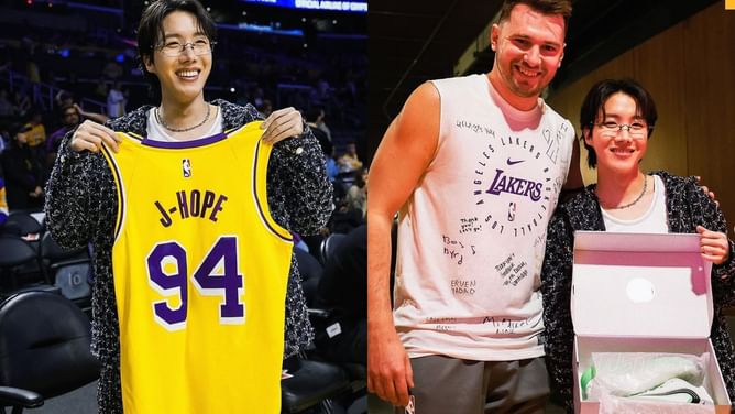 "What kinda crossover" — Internet reacts as NBA star Luka Dončić gifts j-hope the newest 'Jordan Luka 4' from his shoe line at a Lakers game