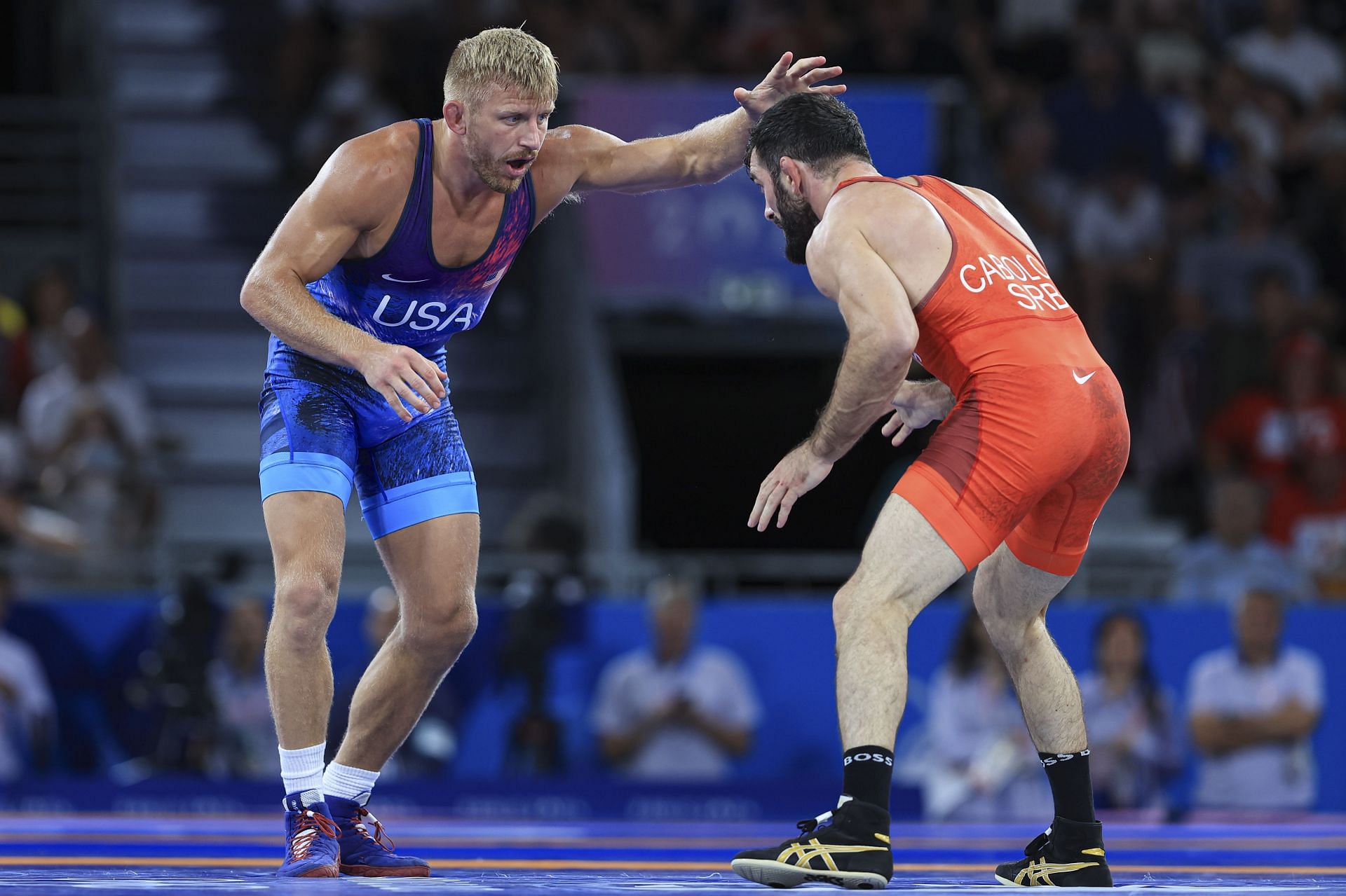 Kyle Dake battles with Hetik Cabolov in the 74kg Men&#039;s Freestyle Wrestling Finals in 2024 Paris Olympics - Source: Getty