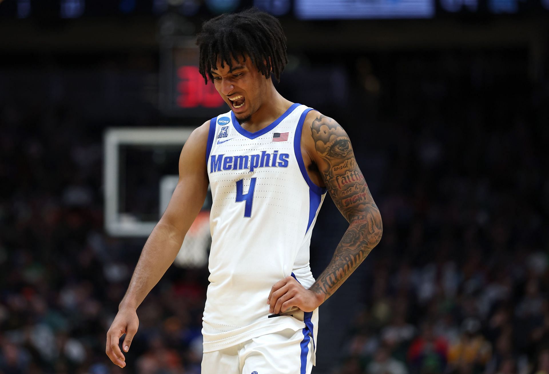 PJ Haggerty (#4) of the Memphis Tigers looks for a pass during the second half of the game against the Colorado State Rams in the first round of the 2025 NCAA Men&#039;s Basketball Tournament on March 21, 2025. Photo: Getty