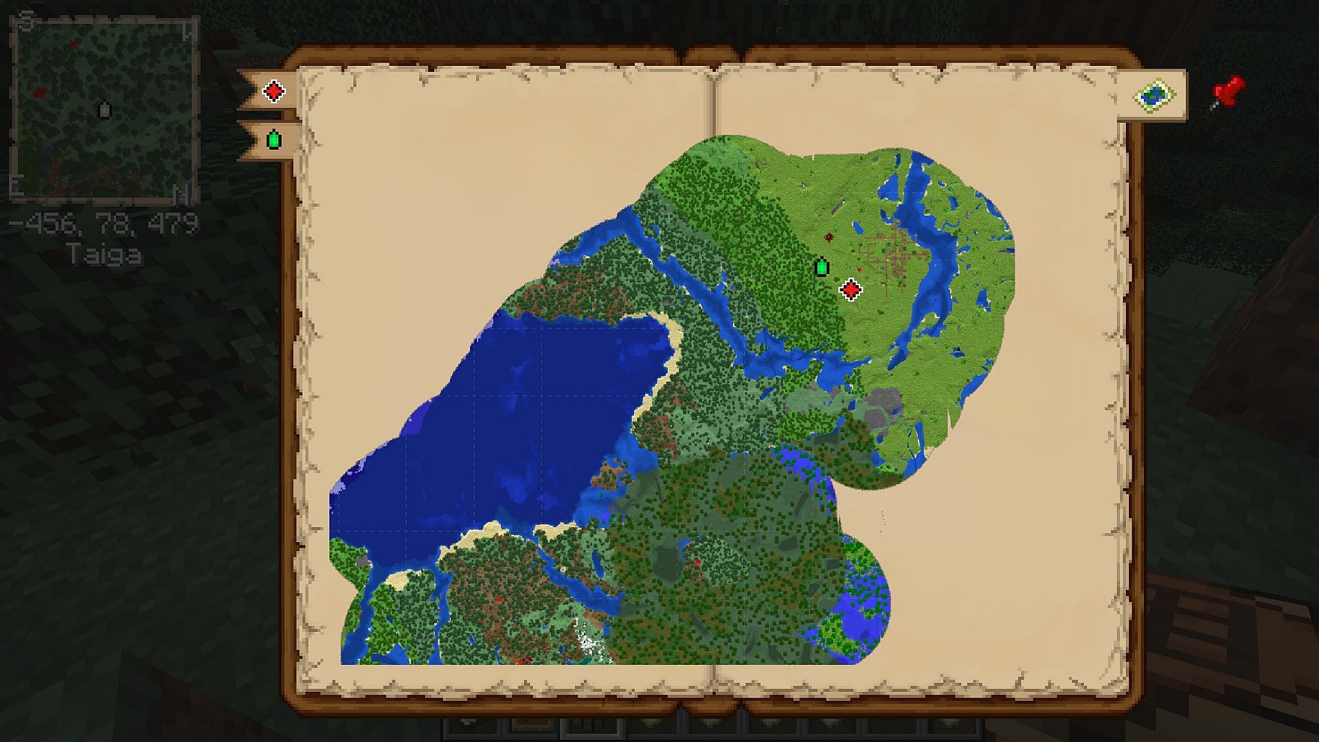 Map Atlases is a unique map mod that uses the in-game map to create a portable minimap. (Image via Mojang Studios || CurseForge/ MehVahdJukaar)