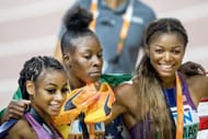 Gabby Thomas, Sha'Carri Richardson and Shericka Jackson at the 2023 World Athletics Championships - Source: Getty