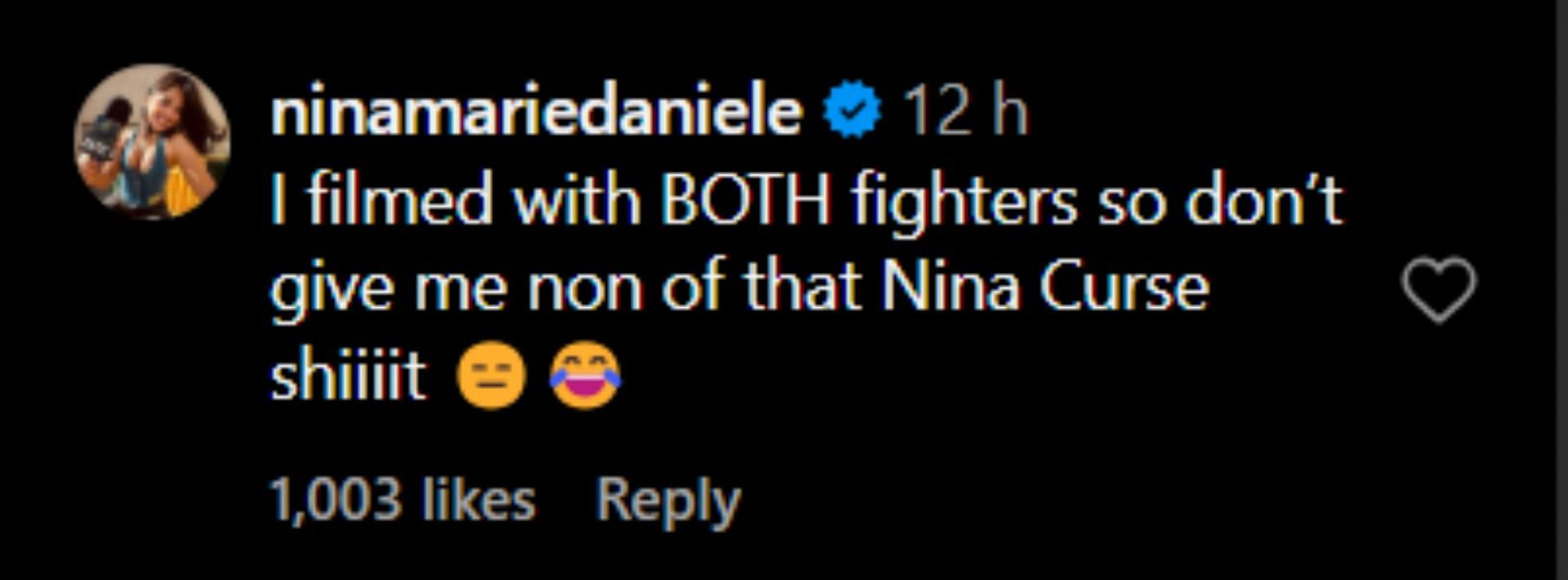 Screenshot of comment [Image Source: @ninamariedaniele on Instagram]