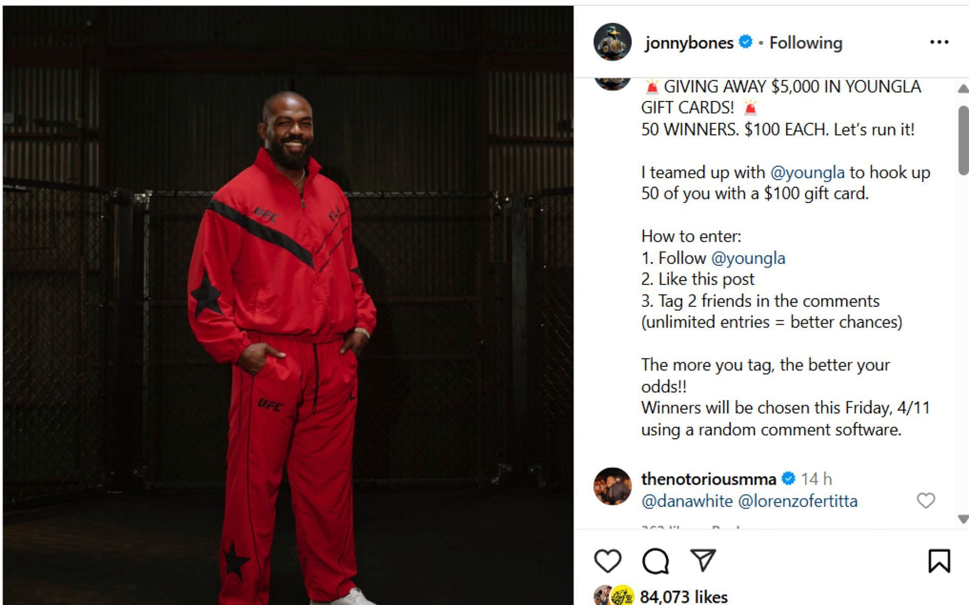 Conor McGregor reacts to Jon Jones&#039; Instagram post. [Screenshot courtesy: @jonnybones on Instagram]