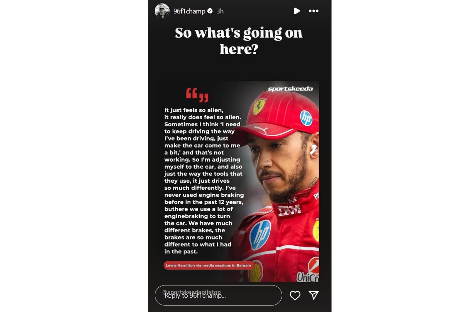 Snapshot of Damon Hill&#039;s comment on Lewis Hamilton. Credits-Instagram