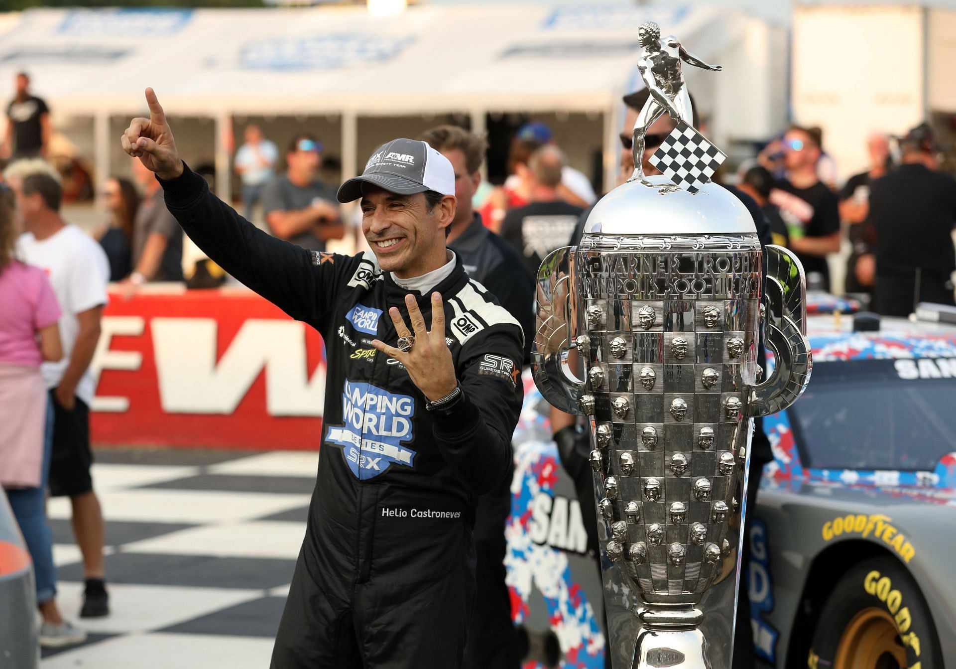 Helio Castroneves celebrates after winning the 2021 Indy 500 event - Source: Getty