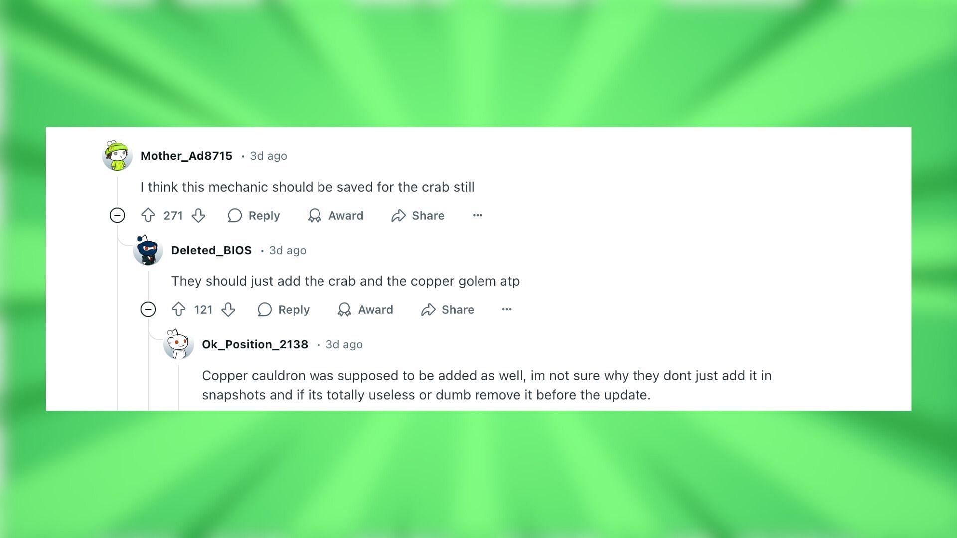 Redditors react to new Minecraft game mechanics (Image via Reddit)