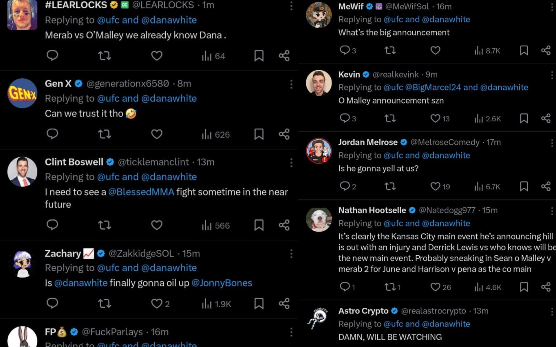 Fan reactions to UFC announcing Dana White&#039;s IG live session. [Screenshots Courtesy: @ufc on X]