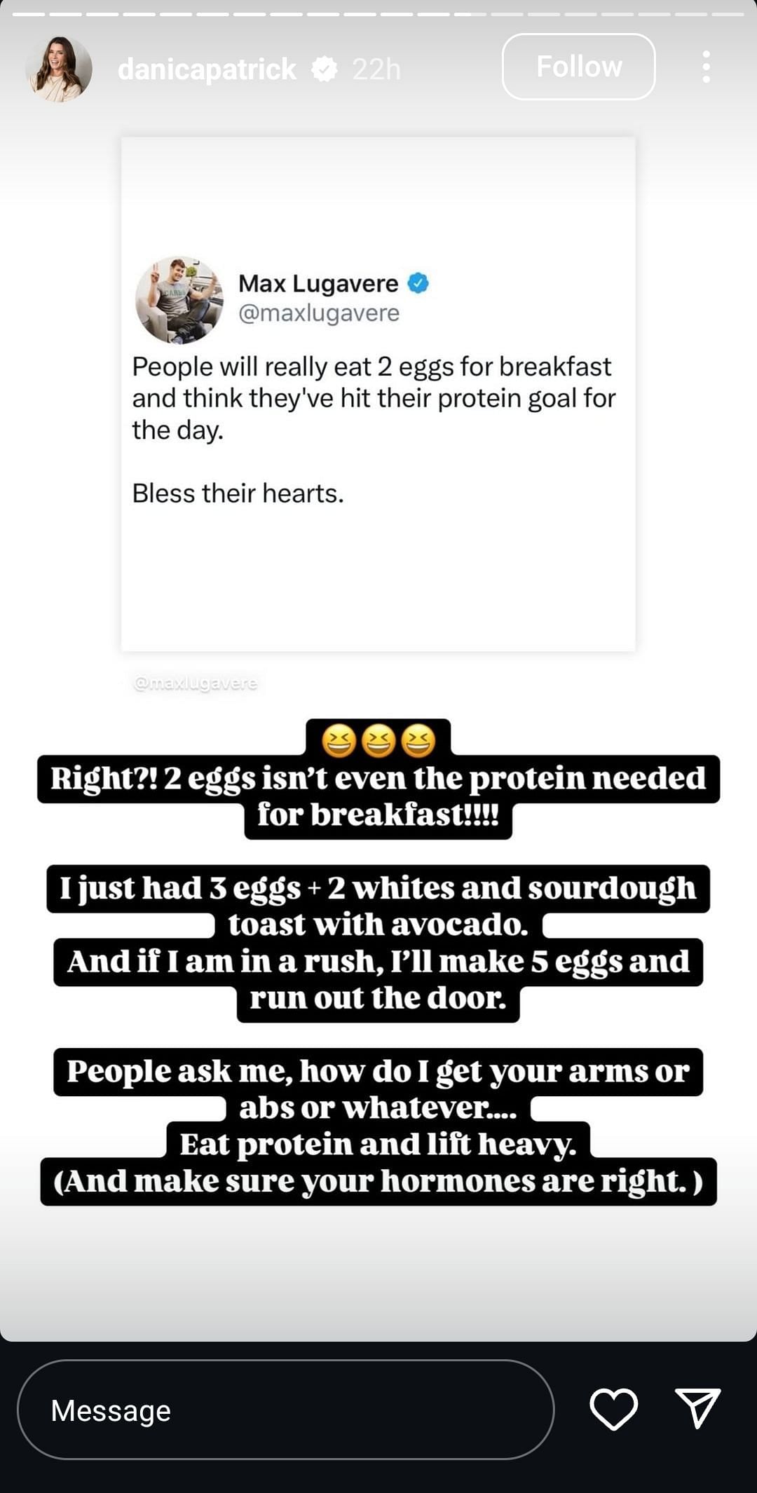 Patrick&#039;s Instagram story about protein intake