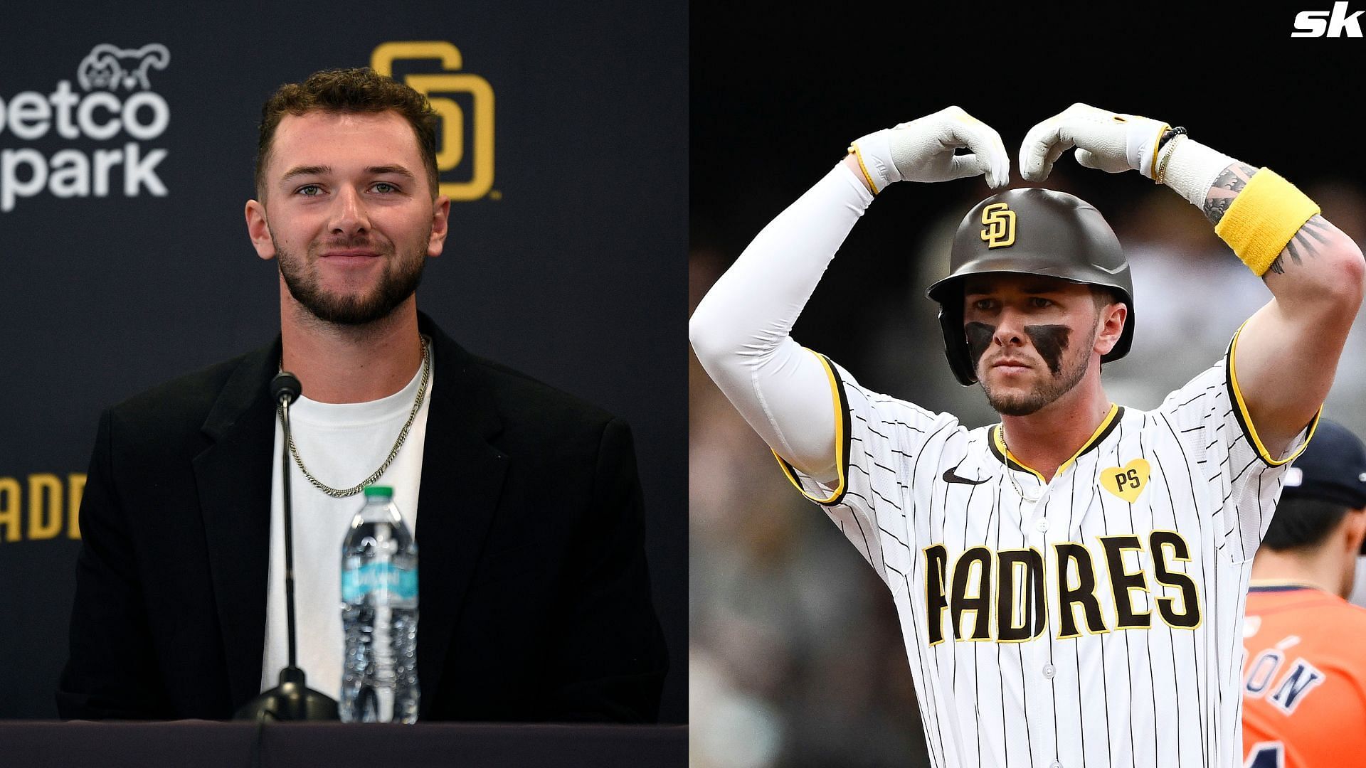 Jackson Merrill of the San Diego Padres speaks to the media after announcing a contract extension before the game against the Cleveland Guardians at Petco Park (Source: Getty)