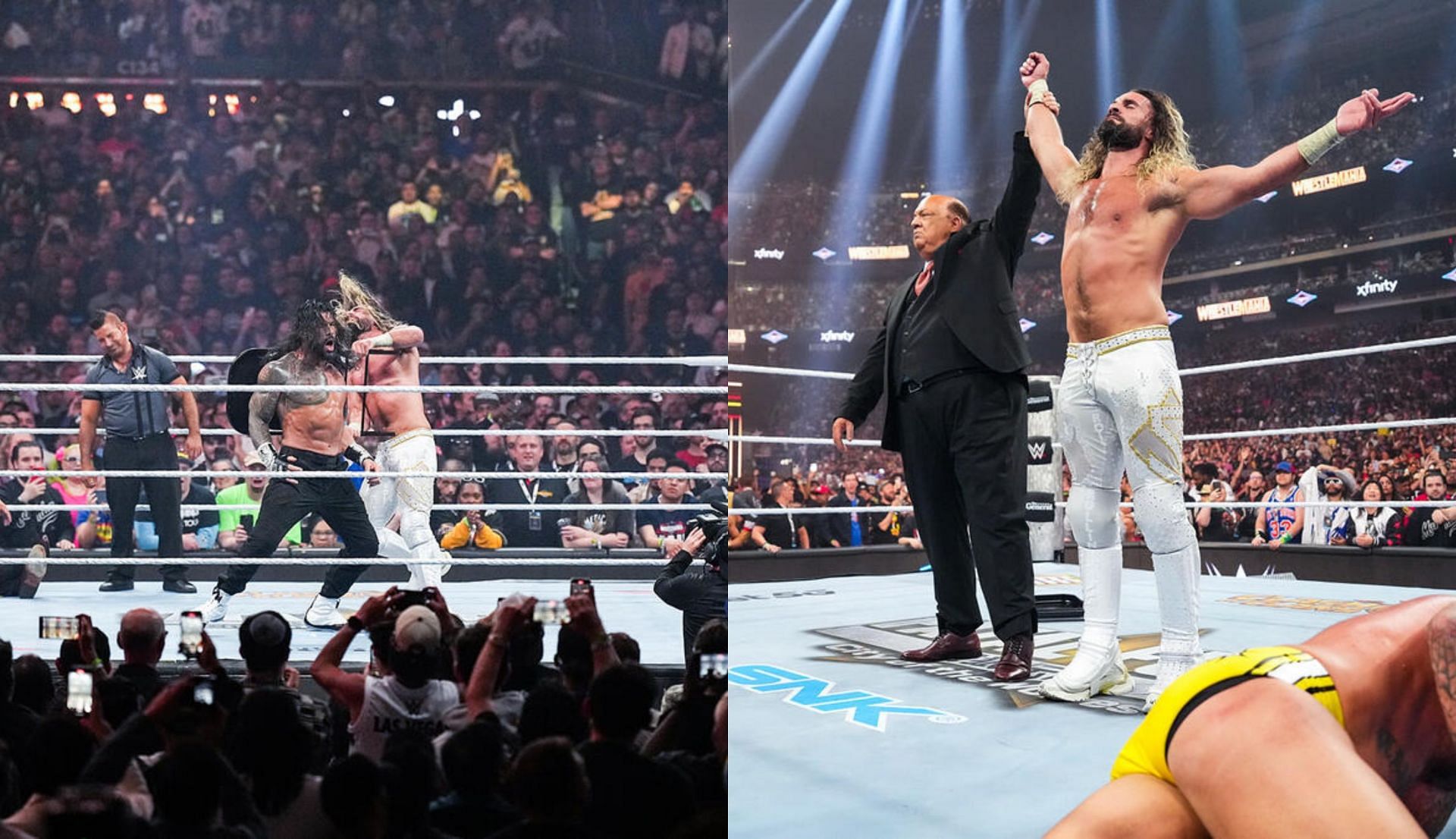 रोमन रेंस पर हमला करते और जीत सेलिब्रेट करते हुए सैथ रॉलिंस (Photo: WWE.com)