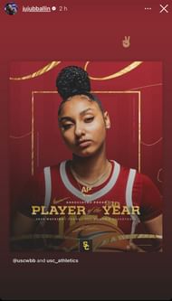JuJu Watkins' story after being named Naismith Player of the Year. - Source: Instagram/@jujubballin