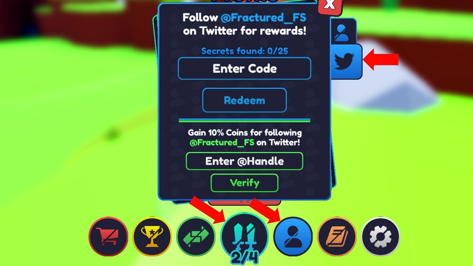Tap the bird icon to open the code redemption menu (Image via Roblox)