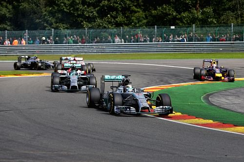 Lewis Hamilton leads Nico Rosberg during the Belgian Grand Prix at Circuit de Spa-Francorchamps on August 24, 2014 - Source: Getty
