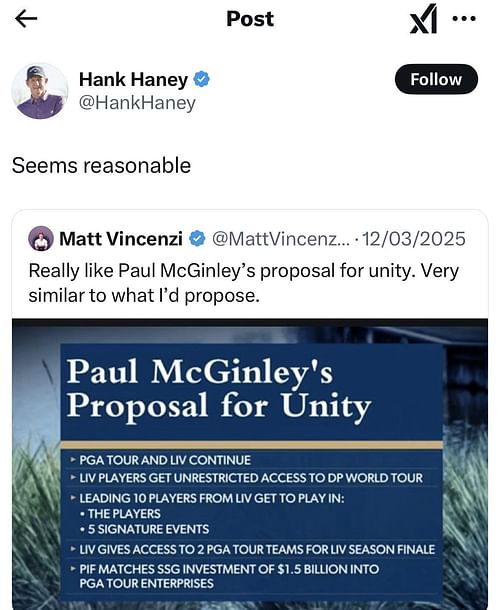 Hank Haney’s Opinion on the PGA Tour and LIV Golf Reunification_Image Source: X/@HankHaney