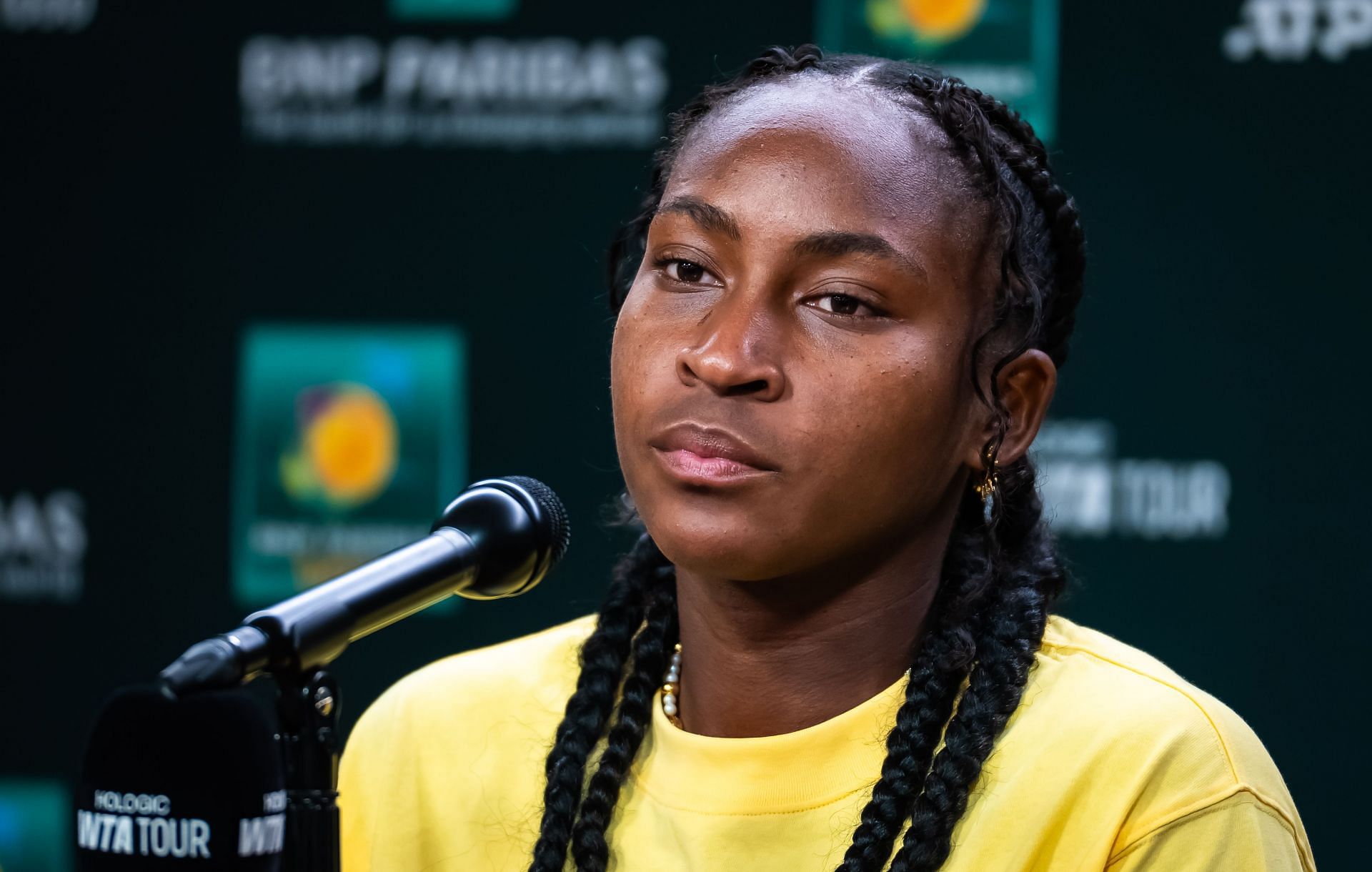 Coco Gauff pictured at a press conference | Image Source: Getty