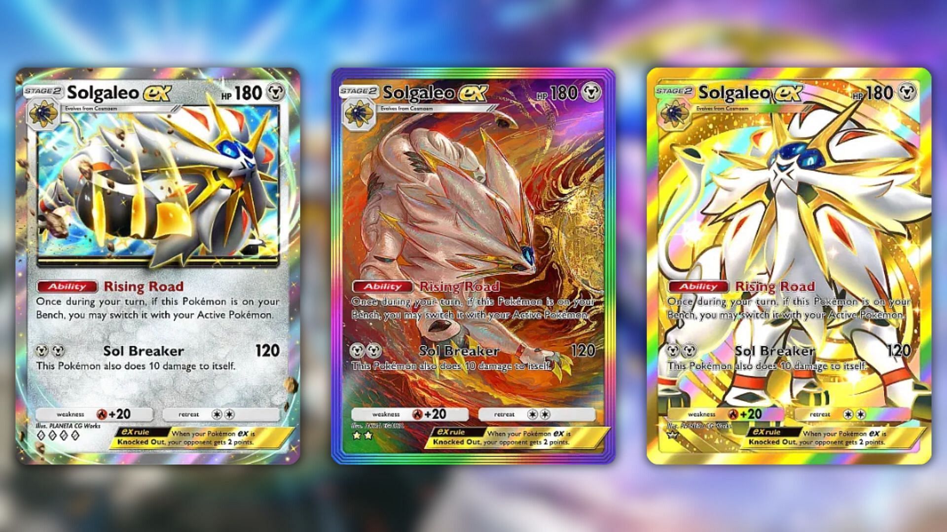 Solgaleo ex variants from Pokemon TCG Pocket Celestial Guardians (Image via The Pokemon Company)