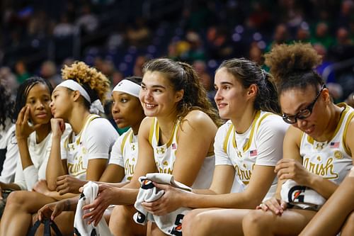 Maddy Westbeld (#21), Sonia Citron (#11) and Olivia Miles (#5) of Notre Dame share a laugh during their game against Stanford on February 6, 2025 in South Bend, Indiana. Photo: Getty