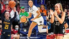 Sydney Parrish, Kate Koval, Mia Mastrov react as former Notre Dame hooper Kylee Watson poses in Villanova threads