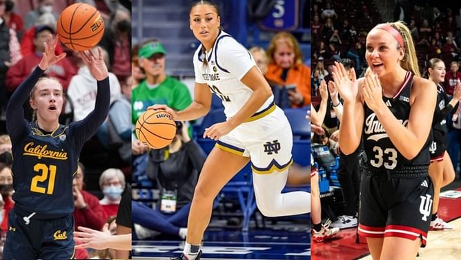 Sydney Parrish, Kate Koval, Mia Mastrov react as former Notre Dame hooper Kylee Watson poses in Villanova threads