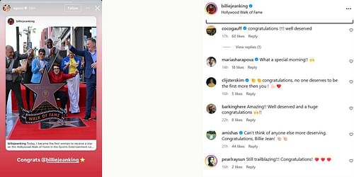 Andre Agassi's Instagram Story and other tennis stars' comments on Billie Jean King's post (@billiejeanking/IG)
